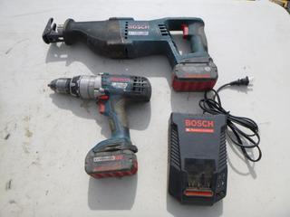 Bosch Cordless Reciprocating Saw, Drill, Battery & Charger, Working Condition Unknown.