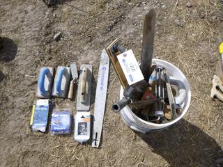 (1) Bucket of Trowels & Chain Saw Parts.