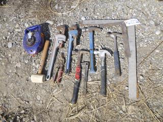 Quantity of Tools (1) 8" Pipe Wrench, (4) Squares, (1) 18" Ridgid Pipe Wrench, (1) Tin Snip & (4) Framing Hammers.