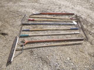 Quantity of Rakes, (1) Rebar Bender, (1) Broom & (1) Heavy Duty Nail Puller.