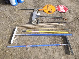 Magnetic Sweeper, (1) Stop Sign, (2) Concrete Rakes & (3) Wooden Handles.