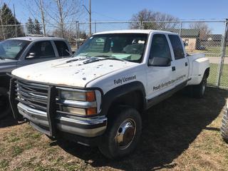 Selling Off-Site -  2000 GMC 2500 Crew Cab 4x4 P/U c/w V8, Auto, With Key, Showing 241,719 Kms, VIN 1GTGK2349YF482006. Location - 527 North 200 East, Raymond, AB -  For Further Information Please Call Chris 403-308-1161.