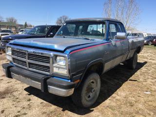 Selling Off-Site -  1993 Dodge 2500 P/U c/w Cummins Turbo Diesel, 5 Spd, With Key, Showing 679,755 Kms. VIN 3B7KM23C3PM156328. Location - 527 North 200 East, Raymond, AB -  For Further Information Please Call Chris 403-308-1161.