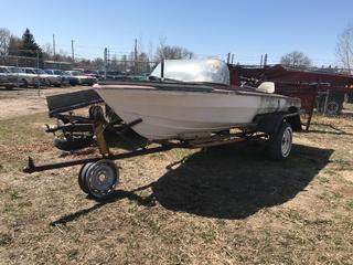 Selling Off-Site -  Antique Fiberglass Boat c/w Trailer,  Location - 527 North 200 East, Raymond, AB -  For Further Information Please Call Chris 403-308-1161.