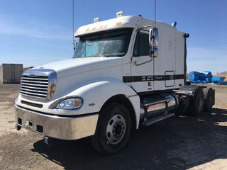 2006 Freightliner Columbia 120 T/A Truck Tractor c/w Mercedes Benz 12.8L, 15 Spd, A/C, Wet Kit, Webasto & Bunk Heaters, Air Ride Susp., (2) Sets of V Tire Chains, Showing 1,447,630 Kms. Inverter Behind Driver's Seat. VIN 1FUJA6CV86LU16244.