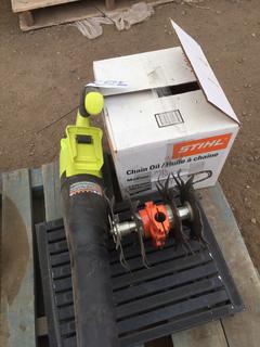 Ryobi Leaf Blower *No Battery*, RV Step, Expand It Tiller Attachment, Box of Sweeper Spacers.