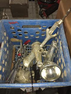 Crate With (3) Meat Grinders & Manual Hand Mixer.