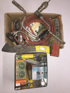 Box of Assorted Hand Tools, Axe, Hand Drill, Castors, Etc.