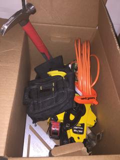 Box of Tape Measures, Tool Pouches, Hammers, Etc.