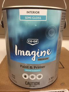 (4) 3.78L Co-Op Imagine White Semi-Gloss Paint/Primer.