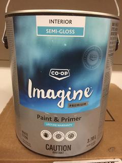 (4) 3.78L Co-Op Imagine White Semi-Gloss Paint/Primer.