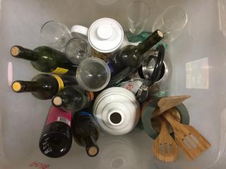 Bins Containing Assorted Household Items, Pillow, Wine Bottles, Vases, Etc.