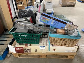 Pallet of Household Items c/w Closet Organizer, Brew Your Own Beer Kit, Lawn Hydro Seeding Kit, Etc.