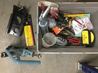 Box of Assorted Tools c/w Mitre Box With Saw, Oil Filter Wrench Paint Sprayer, Etc.