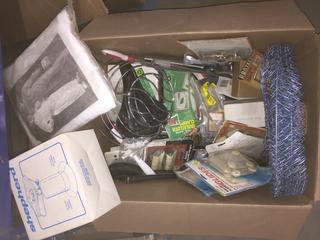 Box of Assorted Household Items c/w Appliance Casters, Furniture Sliders, Single Burner Propane Stove, Etc.