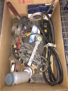Box of Assorted Filter Wrenches, Anti-Freeze Testers, Clamps, Caliper, Etc.