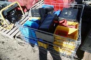 Metal Cage on Wheels w/ Storage Containers.