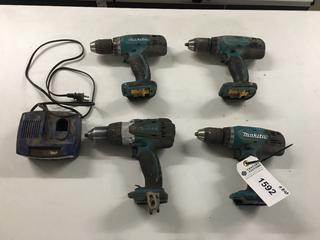 (4) Makita 18V Drills, No Batteries & 12V Charger.