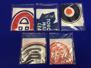 (6) 1999 Labatts Blue Flags. Oilers, Islanders, Toronto, Flyers, Montreal, Detroit.