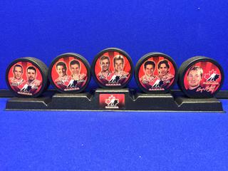 2002 Salt Lake Olympics Puck Set. Gretzky, Lemieux, Sakic, Pronger.