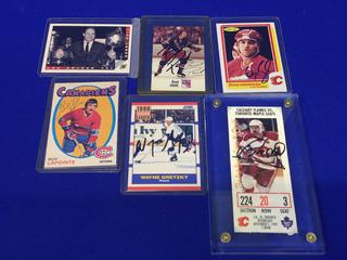 Autograghed Cards + Memorabilia. Bobby Hull, Wayne Gretzky, Guy LaPointe, Lanny McDonald Game Ticket, Yvan Cournoyer Flag.