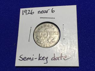 1926 Near 6 Canadian Nickel - Semi Key Date.