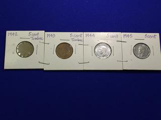 Set of Canadian Wartime Nickels. 1942 Tombac, 1943 Tombac, 1944 Victory Nickel.