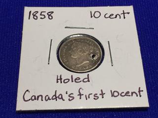 1858 Canadian 10 Cent - Holed. First Year Minted.