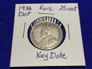 1936 Dot Canadian 25 Cent - Key Date.