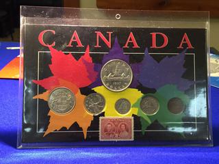 1937 Canadian Coin Set w/ 3 Cent Stamp.