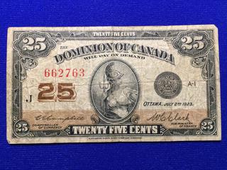 1923 Dominion of Canada 25 Cent Shin Plaster. S/N 662763