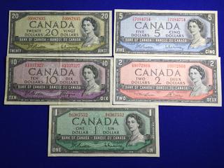 Set of 1954 Bills. $1 Bill B/0 6367552, $2 Bill V/G 8072868, $5 Bill T/S 7184754, $10 Bill U/D 1337327, $20 Bill P/E 0987835.