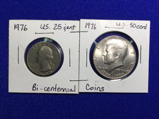 1976 US 25 Cent & 50 Cent Bi-Centennial Coins.