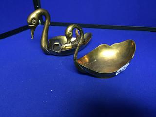 (2) Brass Swan Dishes  & Wood Duck Bottle Opener.