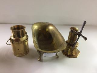 Brass Windmill Bell 4 1/2", Brass Tub 7", Brass Jug 3 1/2".