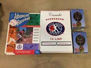 (2) Baseball Score Books, (2) Pitch Counters, (2) Baseball Instruction Manuals.