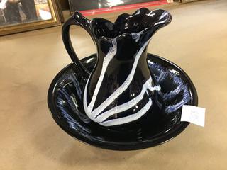 Navy Blue And White Pitcher & Dish.