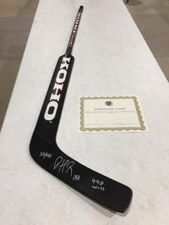 Patrick Roy Autographed Left Handed Goalie Stick w/ Certificate. 448 Wins, Number 33 of 448. c/w Left Handed Mini Stick.