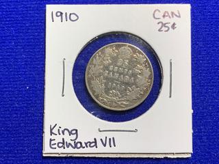 1910 Canada Twenty-Five Cent Silver Coin.