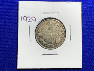 1929 Canada Twenty-Five Cent Silver Coin.