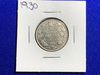 1930 Canada Twenty-Five Cent Silver Coin.