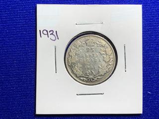 1931 Canada Twenty-Five Cent Silver Coin.