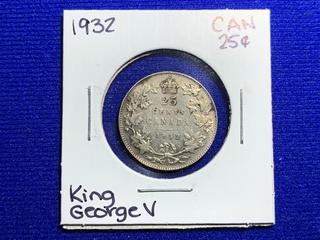 1932 Canada Twenty-Five Cent Silver Coin.