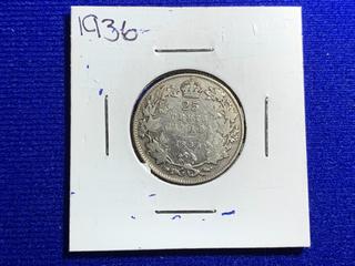 1936 Canada Twenty-Five Cent Silver Coin.