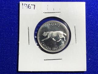 1967 Canada Twenty-Five Cent Silver Coin.