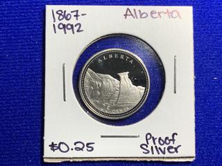 1992 Canada Twenty-Five Cent Silver Proof Coin "1867 - 1992, Alberta".