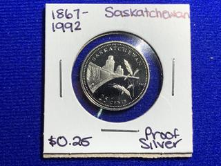 1992 Canada Twenty-Five Cent Silver Proof Coin "1867 - 1992, Saskatchewan".