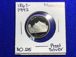 1992 Canada Twenty-Five Cent Silver Proof Coin "1867 - 1992, Manitoba".