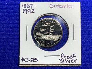 1992 Canada Twenty-Five Cent Silver Proof Coin "1867 - 1992, Ontario".