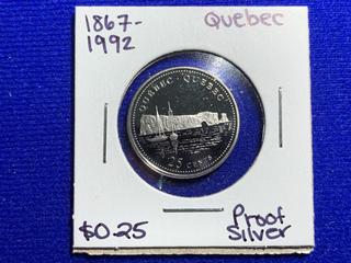 1992 Canada Twenty-Five Cent Silver Proof Coin "1867 - 1992, Quebec".